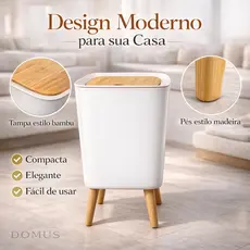 Lixeira Banheiro Moderna Quadrada 8 Litros Tampa Madeira Pé Estilo Madeira