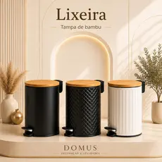 Lixeira 5 Litros e Pedal Tampa Bambu Para Casa Banheiro Cozinha Lavabo em Metal Decorativa Multiuso
