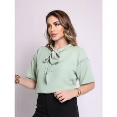 Smile Fashion    blusa feminina social manga curta com laco tamanho grande tecido crepe