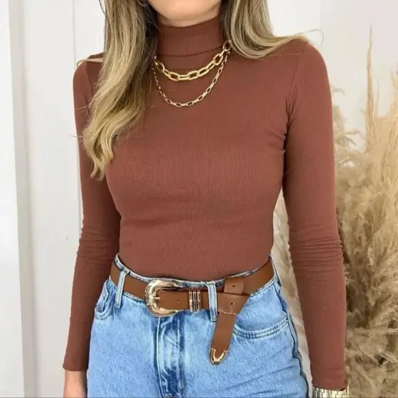 Blusa Manga Longa Gola Alta Canelada Promoção