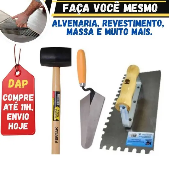 Kit Obra 3- Desempenadeira Dentada +Colher de Pedreiro Profissional+ Martelo de borracha Porcelanato