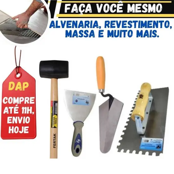Kit Obra 4 -Desempenadeira Dentada +Colher de Pedreiro Profissional+ Martelo de borracha Porcelanato