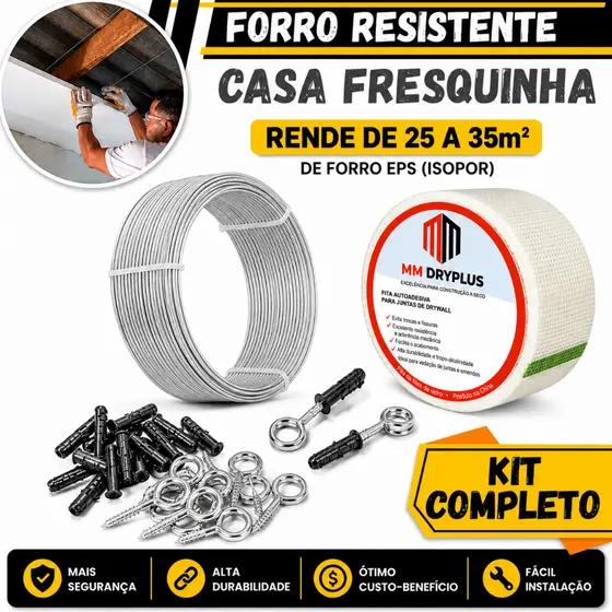 Kit Forro Isopor e Drywall 35m² -Fita Telada Adesiva. +Arame Galvanizado + 50 Buchas com Pitão