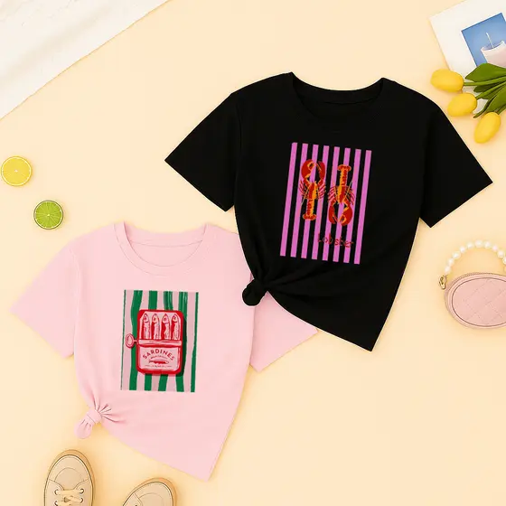 Kit 2 Camiseta Feminina Sardinha Lagosta Blusa Gola Redonda 100% Algodão Tendência