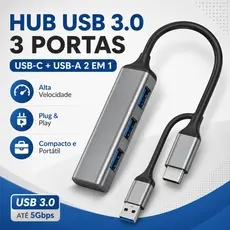 Hub Portátil USB-C 4 Portas USB 3.0 Adaptador Ultra Rápido 5Gbps Notebook, MacBook, Celular e Tablet