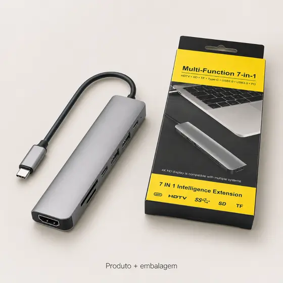 Hub Adaptador 7 Em 1 Tipo USB-C para Notebook com HDMI 4K USB 3.0 USB 2.0 SD TF Leitor Cartão PD
