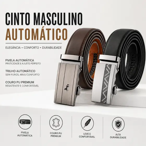 Cinto Social Masculino Couro Sintético Fivela Automática Ajustável 110 a 130cm Terno e Calça Social