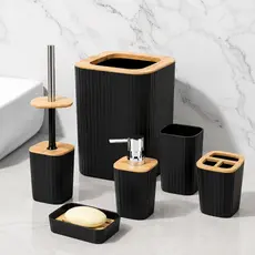 Kit de 6 peças para Banheiro Completo Luxo Lixeira, Porta Escova, Sabonete, Tampa Bambu Decorativa