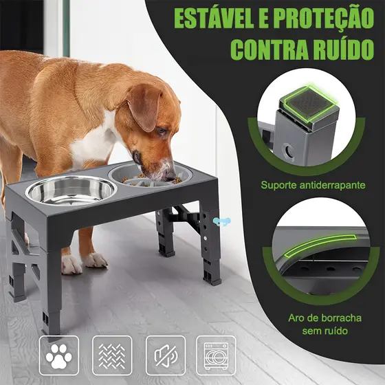 Comedouro Elevado para Cães Dobrável Ajustável 5 Alturas com 2 Tigelas Inox + Comedouro Lento Cinza