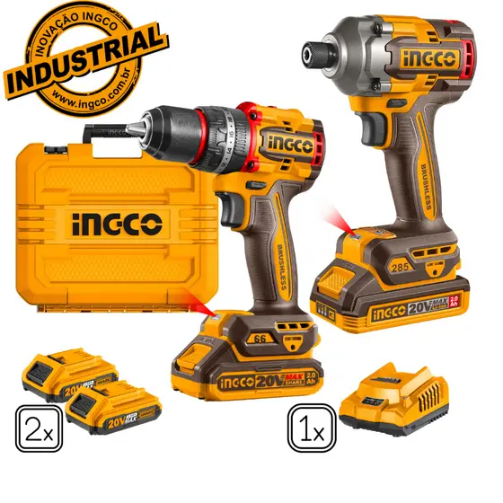Parafusadeira Furadeira + Parafusadeira de Impacto Profissional 20V 2 Baterias 2Ah Carregador