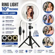 Ring Light 10 Polegadas Com Tripé 2,10m Suporte Celular LED 3 Tons De Luz Ajustável Para Vídeos Maquiagem