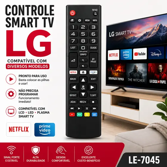 Controle Remoto Universal Compatível com LG Smart TV TODOS os Modelos LCD LED PLASMA LE-7045