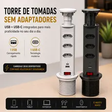 Torre Retrátil de Tomadas 3 Tomadas + USB + USB-C Embutir Mesa Bancada Cozinha Escritório Preta