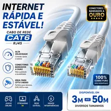 Cabo de Rede RJ45 CFTV Cat6 de 3 a 50 Metros Conector Banhado a Ouro Internet Alta Velocidade