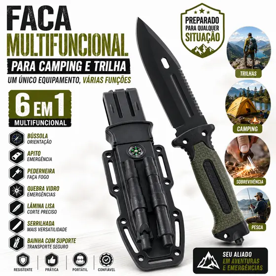 Faca Tática Militar Aço Inox com Bainha Bússola Apito Pederneira e Quebra Vidro
