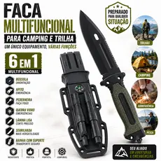 Faca Tática Militar Aço Inox com Bainha Bússola Apito Pederneira e Quebra Vidro