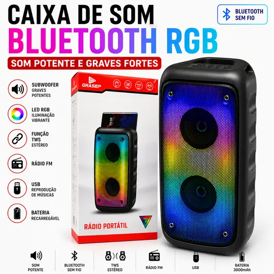 Caixa de Som Bluetooth RGB Portátil TWS Subwoofer FM USB Recarregável USB C Potente LED Grave Forte Som Top