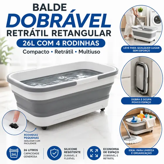 Balde Dobrável Retrátil Retangular Multiuso SIlicone 26L Com 4 Rodinhas
