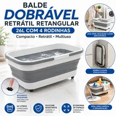 Balde Dobrável Retrátil Retangular Multiuso SIlicone 26L Com 4 Rodinhas
