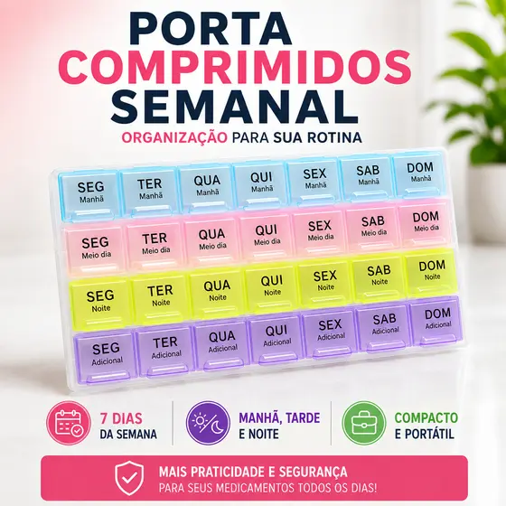 Porta Comprimidos Semanal Organizador Remédios Diário Manhã Tarde Noite 7 Dias Caixa Medicamentos Portátil