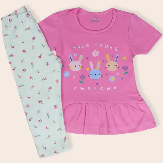 Conjunto Infantil Menina Verão Blusa Manga Curta e Calça Legging Cotton Tamanho 1 a 3 anos