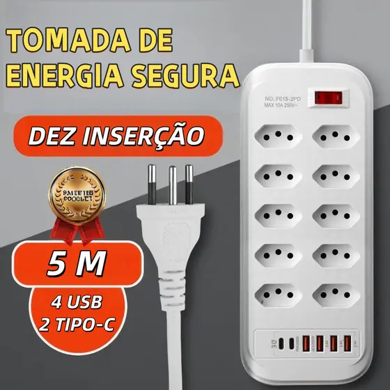 Extensão Elétrica Com Cabo 10 Tomadas Régua 4 USB 2 tipo-c