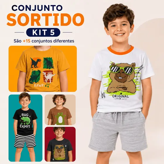 Kit 5 Conjuntos Masculino/Menino Coleção Infantil Juvenil - 5 Camiseta e 5 Shorts
