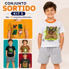 Kit 5 Conjuntos Masculino/Menino Coleção Infantil Juvenil - 5 Camiseta e 5 Shorts