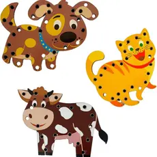 Kit 3 Alinhavo de Madeira Brinquedo Educativo Bicho Animal MDF e Cordão