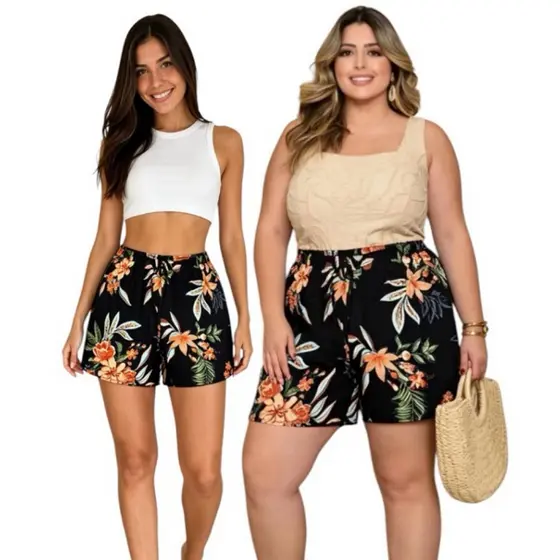 Short Feminino VISCOSE Plus Size Estampado Casual Tecido Leve e Confortável