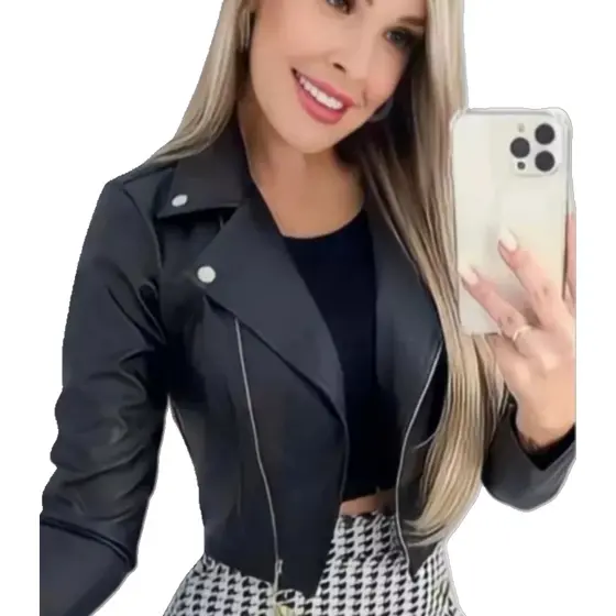 Jaqueta De Couro Sintetico Feminina Com Ziper Premium elegante