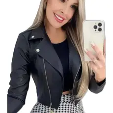 Jaqueta De Couro Sintetico Feminina Com Ziper Premium elegante