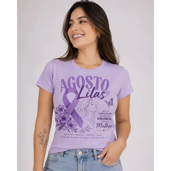 T-shirt Fem, campanha agosto lilas, basta a violencia contra mulher