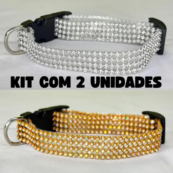 Kit 2 unidades Coleira de Luxo de strass brilhante para cachorro e gato pets pequeno e medio porte