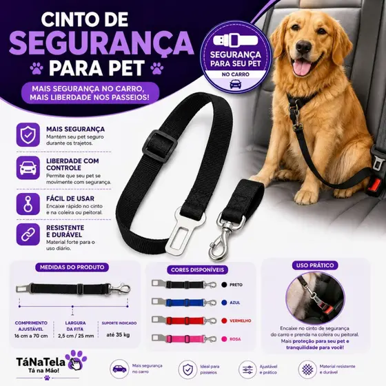 Cinto de Segurança Pet Ajustável para Carro Nylon Reforçado Cães Gatos 16 a 70cm até 35kg