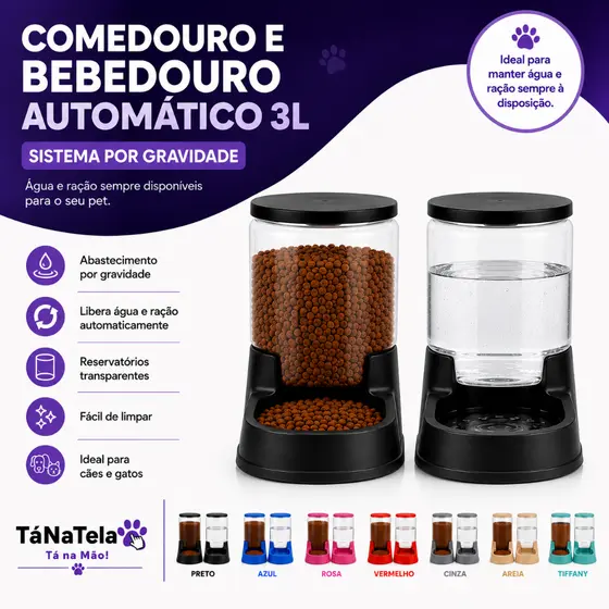 Kit Comedouro 3kg Bebedouro 3L Automático Cães Gatos Ração Água por Gravidade