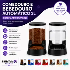 Kit Comedouro 3kg Bebedouro 3L Automático Cães Gatos Ração Água por Gravidade