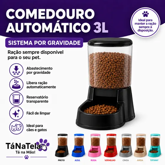 Comedouro Automático Pet 3kg Cães Gatos Ração por Gravidade Prático
