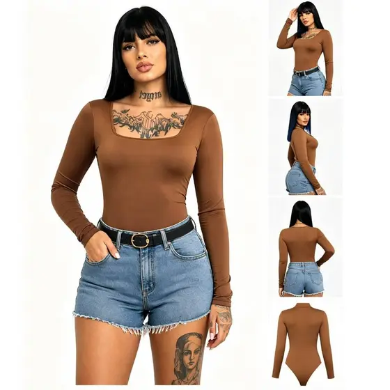 Body Collant Feminino Manga Longa Decote Quadrado Em Suplex Alta Elasticidade Moda BlogueirinhaS