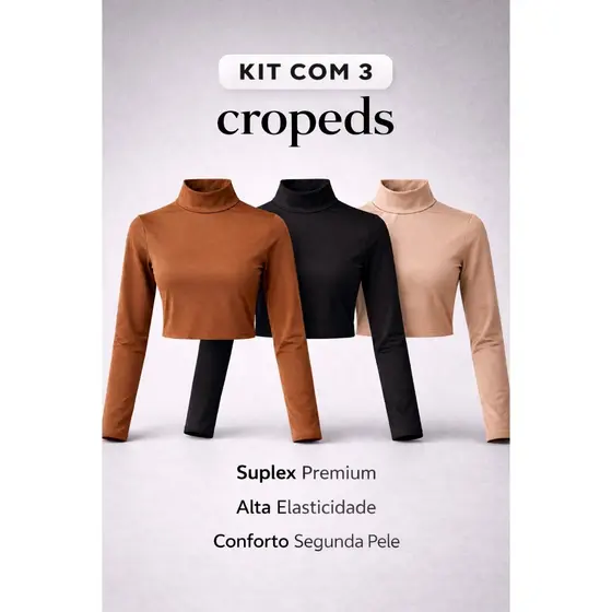Kit Com 3 Cropped Feminino Manga Longa Com Gola Básico E Confortável