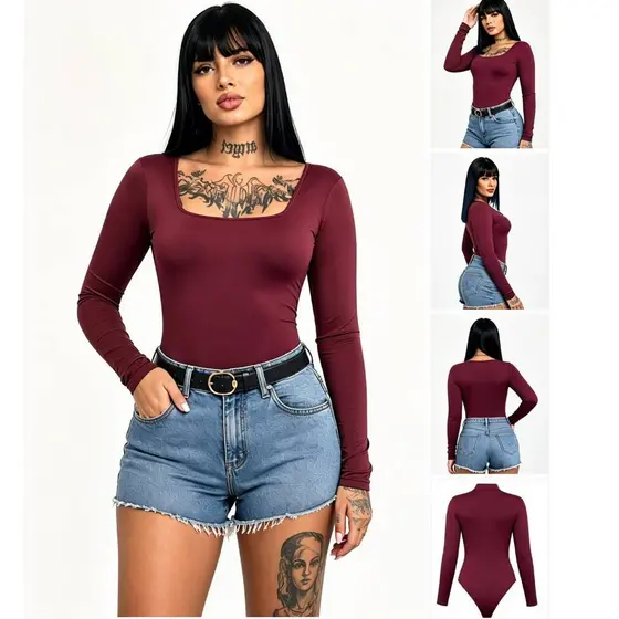 Body Collant Feminino Manga Longa Decote Quadrado Em Suplex Alta Elasticidade Moda Blogueirinha