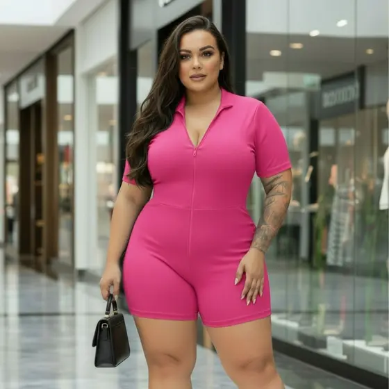 Macação Suplex Plus Size Justo Curto Com Zíper Elegante Manga Curta Elegante Confortavél Moda Fitnes