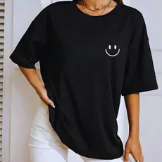 Blusa Feminina T-shirt Básica Estampa Sorriso Emoji Camiseta Academia Manga Curta Unissex Promoção