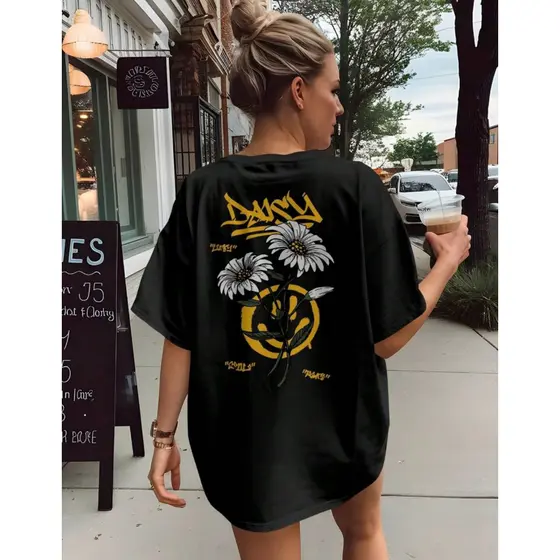Camiseta Feminina Oversized Margarida Smiley Estilo Tumblr Streetwear Para Treinos