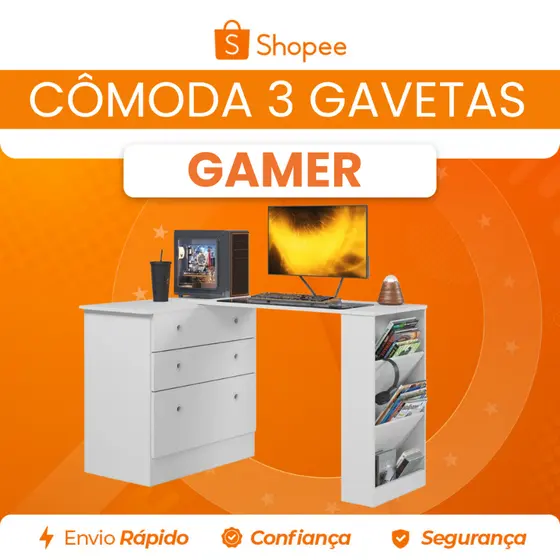 Cômoda Gamer 3 Gavetas com Mesa Giratória MDP Qmovi