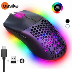 Mouse Gamer Basike Sem Fio Bluetooth Três Modos 2.4G BT5.1 12800DPI Recarregável RGB Para Jogos PC Mice