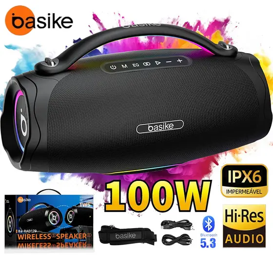 BASIKE Caixa de som 100W bluetooth portátil IPX6 RGB TWS HiFi Usb Pen Drive
