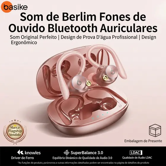 Basike Fone de Ouvido Sem Fio HiFi Ba-FON240B ArcBuds - Cancelamento de Ruído ANC - Bluetooth OWS 5.4 - Rosa