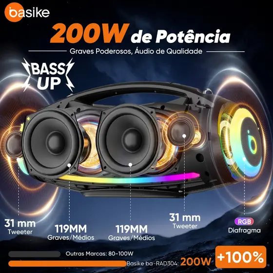 BASIKE Caixa de Som Bluetooth Copa do Mundo de 2026 Boombox 200W IPX6 BASS BOOST 36H Força Brasil