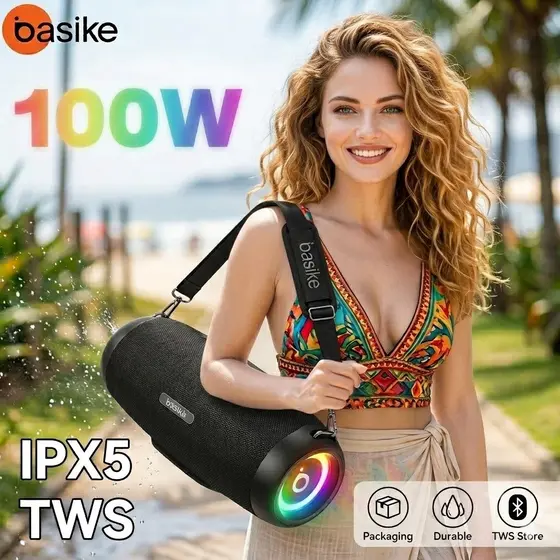 BASIKE Caixa de Som Bluetooth 100W com Bateria 10000mAh - Som Estéreo Potente e Iluminação RGB - Ideal para Festas